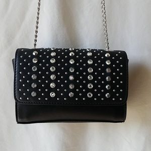 Black Studded and Rhinestone Crossbody Flap Purse